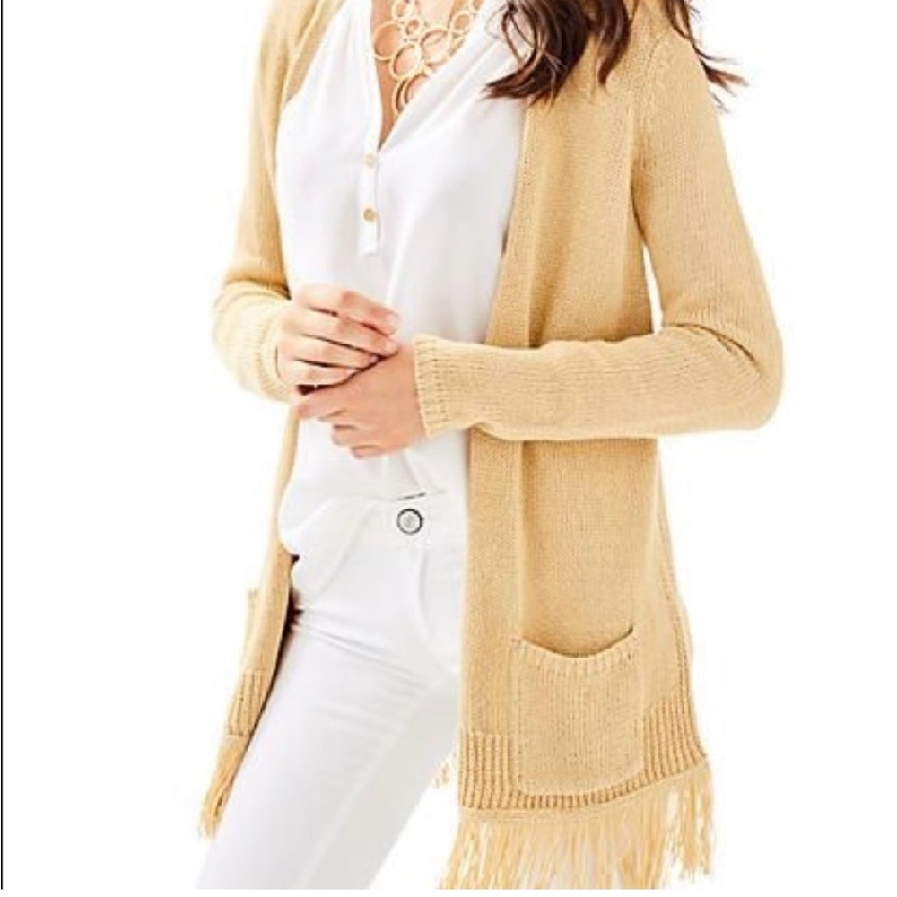 Lilly Pulitzer Beige/Tan with gold‎ Fringe Cardigan SzM